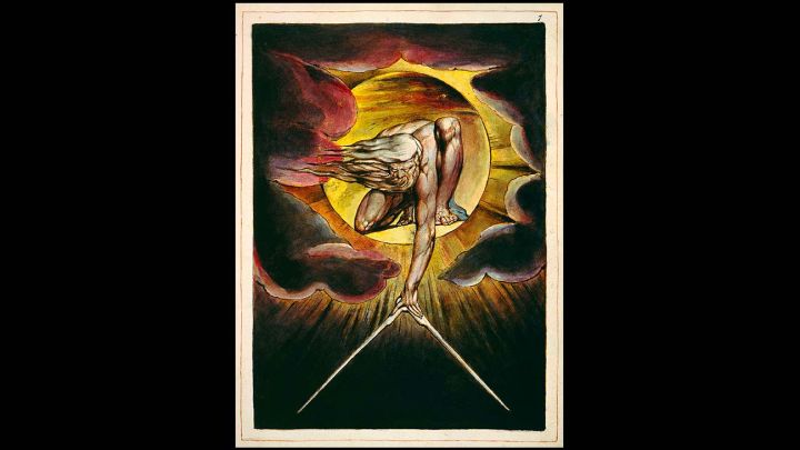 William Blake, "Dios creando el universo" (The Ancient of Days setting a Compass to the Earth), 1794, grabado coloreado en acuarela, Fitzwilliam Museum, Cambridge University. Foto: William Blake